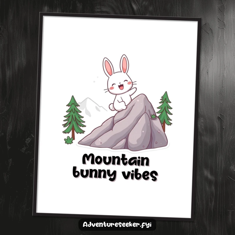 Funny digital art print of a giggling rabbit character excitedly climbing a mountain, creating an inspiring and playful ambiance.
