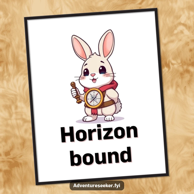 Funny rabbit explorer digital art print of a brave rabbit holding a compass, looking towards the horizon.
