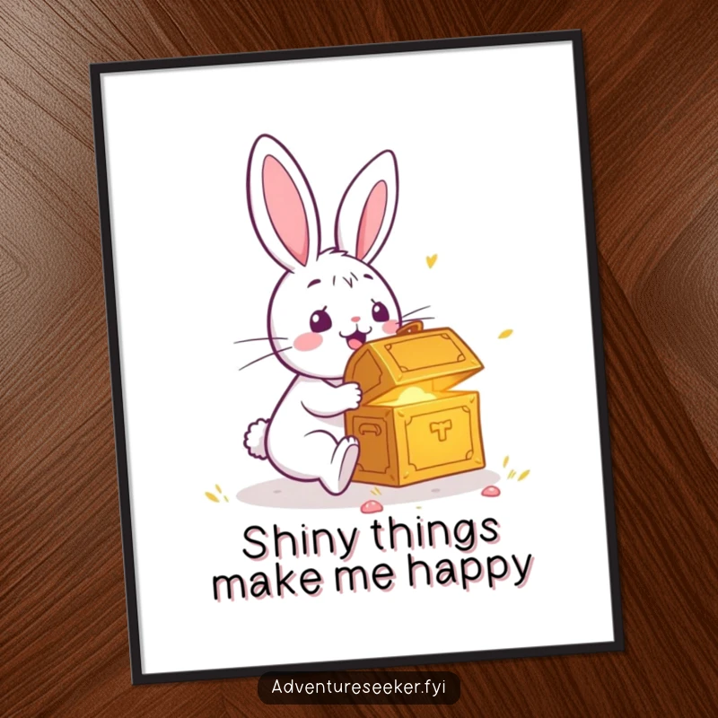 Funny digital art print of a surprised rabbit discovering a glowing treasure chest, capturing wonder and humorous fortune for your walls.