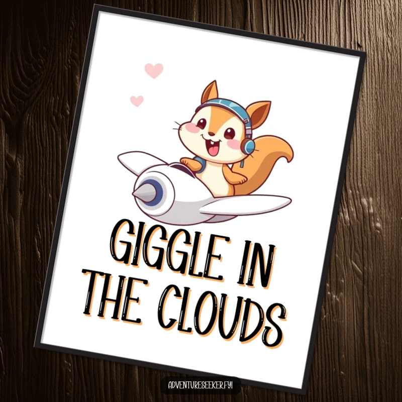 Funny digital art print of a giggling squirrel pilot character joyfully soaring through the sky in a tiny plane, ideal for walls.