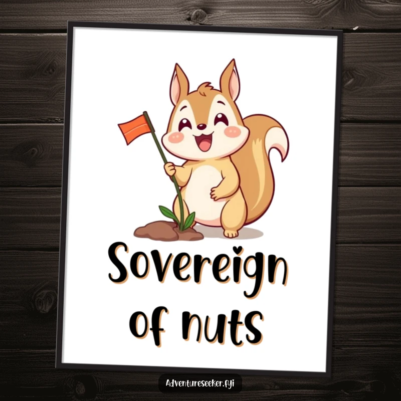 Funny digital art print of an excited squirrel character planting a tiny flag, creating a celebratory and playful ambiance.
