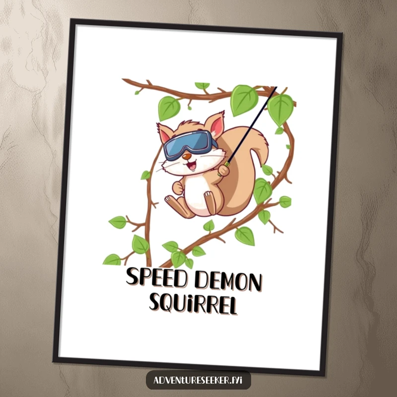 Funny Squirrel Zip Line Digital Art Print. A squirrel zip-lining down vines, capturing the spirit of adventure and excitement.
