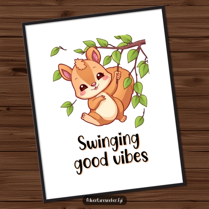 Funny swinging squirrel digital art print of a playful character swinging from a vine, adding forest humor.
