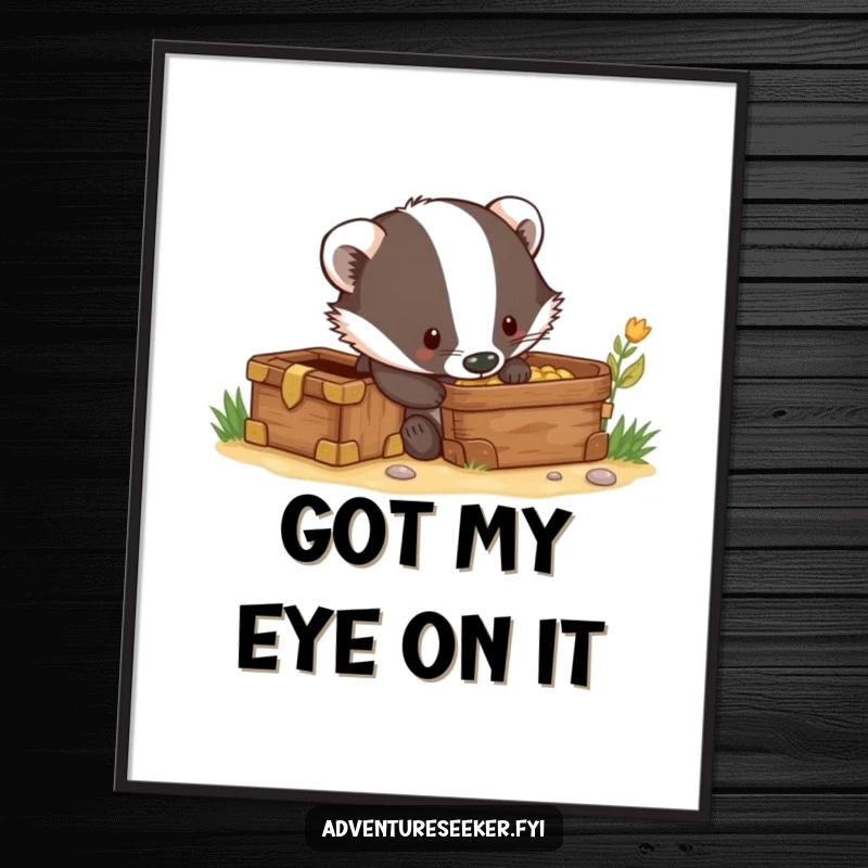 Funny digital art print of a curious badger character digging with excitement near a hidden treasure chest, perfect for adventure-themed decor.