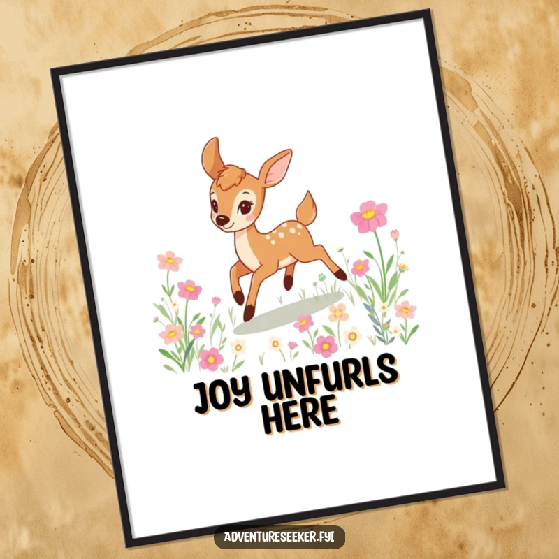 Funny deer digital art print of a happy character joyfully bounding through a lush, colorful field filled with beautiful blooming flowers.