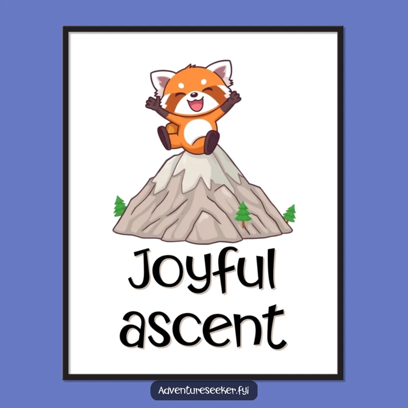 Funny Red Panda Leap Digital Art: Joyful Animal Jumping Mountains Art Print Gift