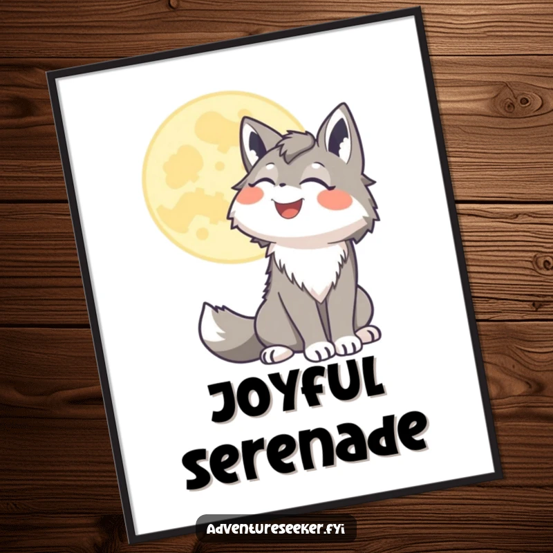 Funny wolf digital art print of a joyful character howling at a stylized moon, creating a magical and whimsical night scene.