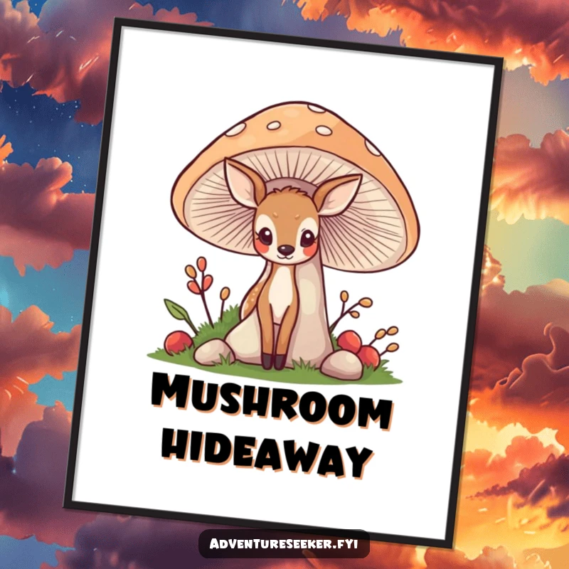 Funny Deer Mushroom Digital Art: A shy deer peeking from a mushroom, perfect for whimsical and humorous wall decor.