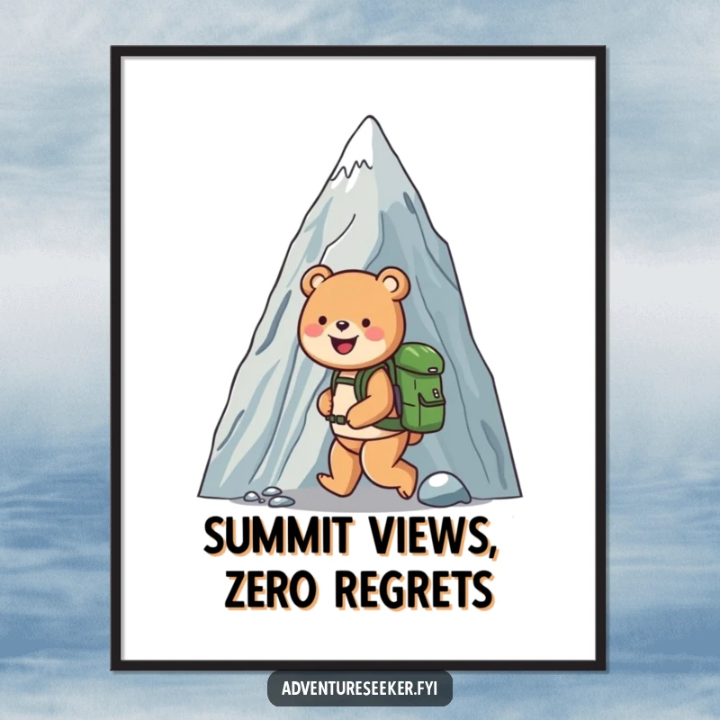 Funny digital art print of a joyful bear with a backpack climbing a massive mountain, capturing adventure and personality for your walls.