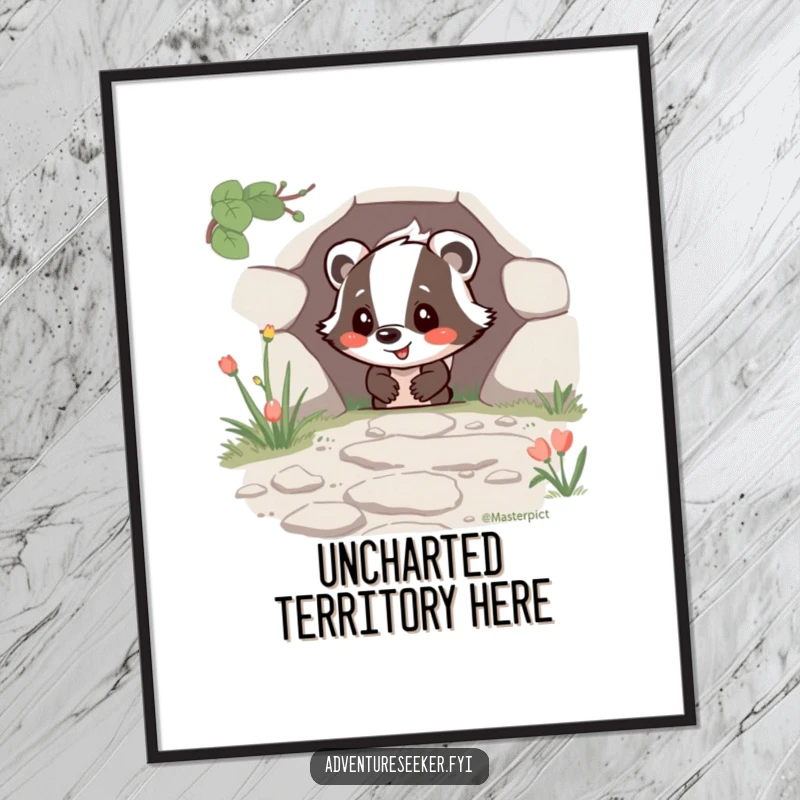 Funny Happy Badger Digital Art Print of a joyful badger finding a hidden path, humorous and inspiring wall decor.
