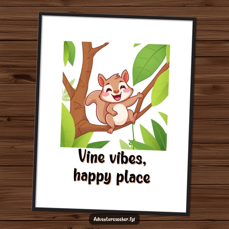 Funny digital art print of a delighted squirrel grinning as it swings on a jungle vine, capturing playful energy and humor.