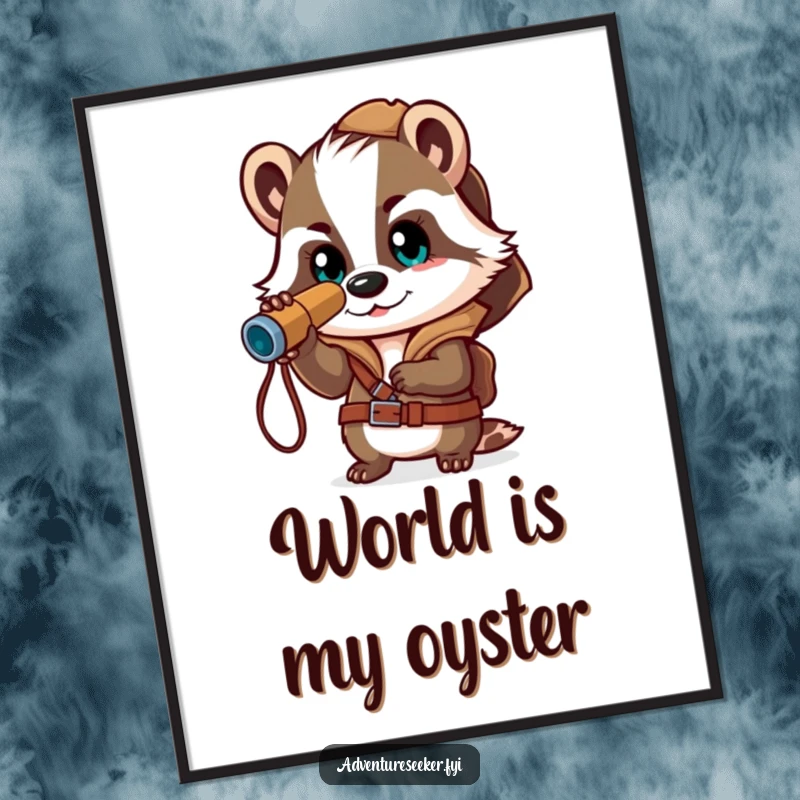 Funny digital art print of a brave badger character peering through a spyglass, radiating excitement for exploration and adventure.