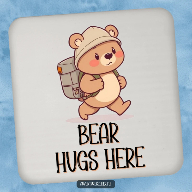 Funny bear explorer coasters showcasing a determined bear with a backpack, adding a touch of adventure to any table.