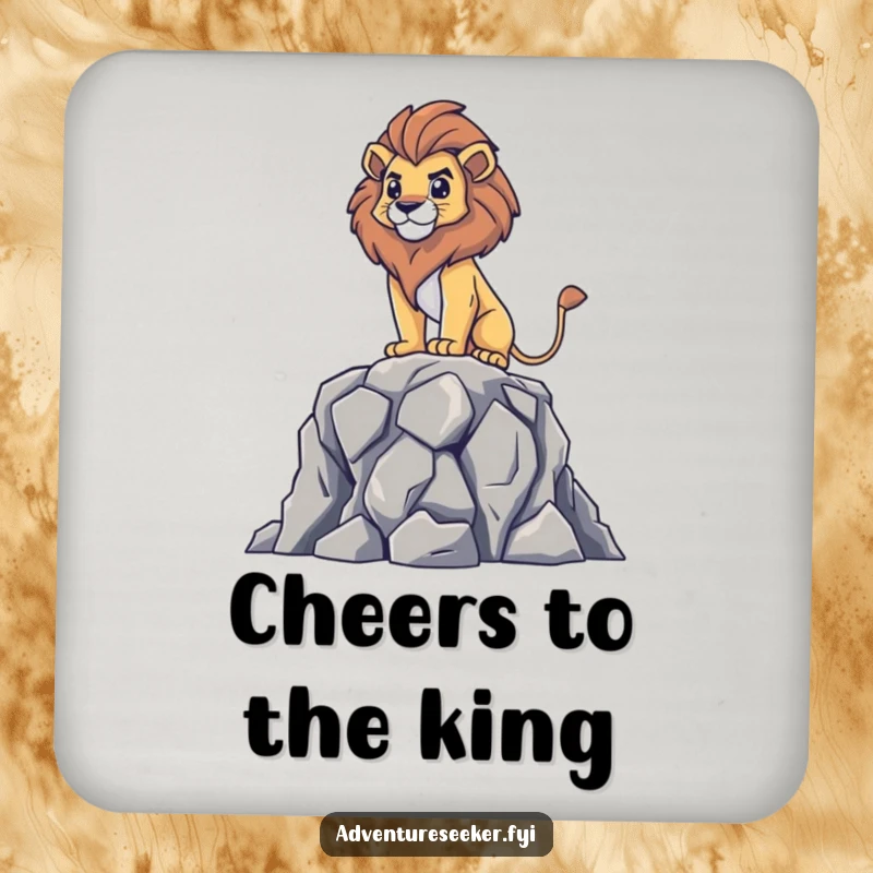 Funny drink coaster featuring a brave lion surveying from a rocky perch, protecting surfaces with regal strength and humor.