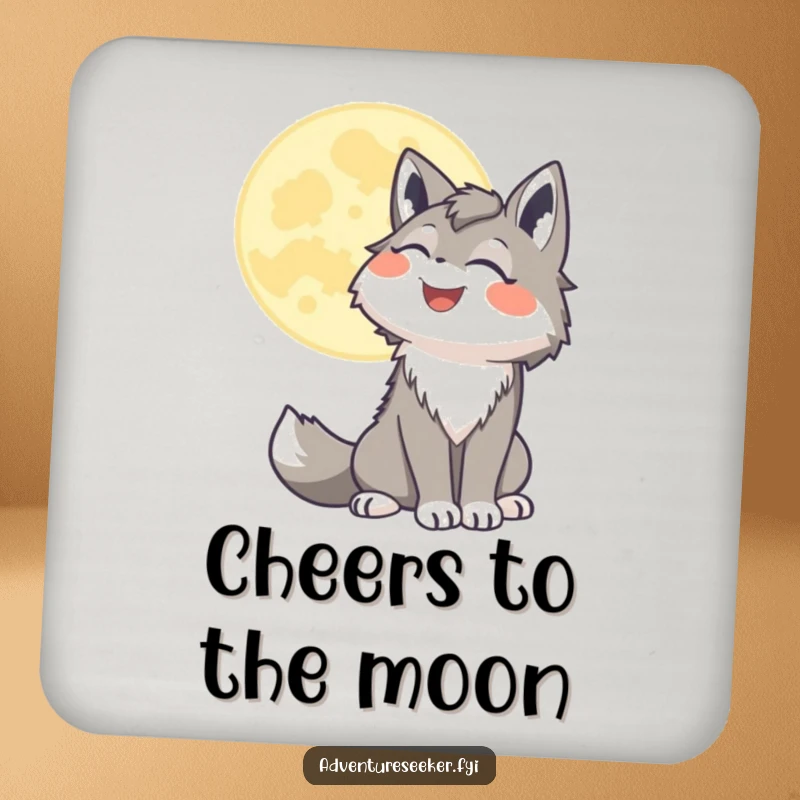 Funny wolf coaster set featuring a smiling character howling joyfully at a stylized moon, protecting surfaces with nocturnal flair.
