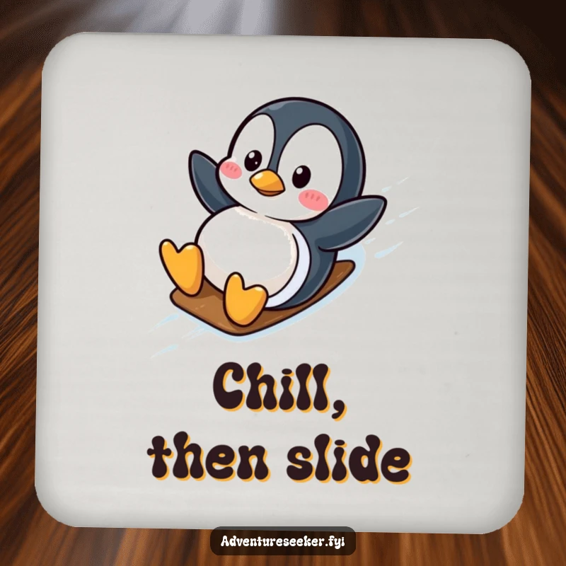 Funny wobbly penguin character on a drink coaster, having fun sliding down an icy slope. A practical funny gift.