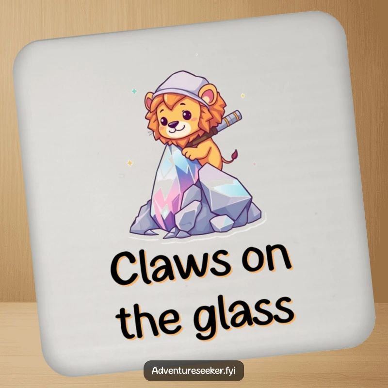 Funny Lion Explorer Coasters: A lion adventurer scaling a crystal, adding humor to drink protection.