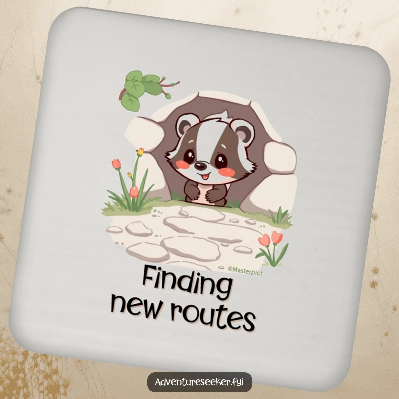 Funny Happy Badger Drink Coaster with a joyful badger character finding a hidden path, a humorous and protective accessory.