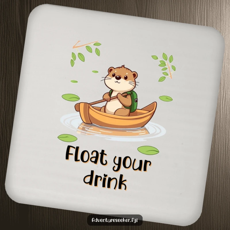 Funny Otter Leaf Boat Coasters. An otter paddling a leaf boat adorns these coasters, bringing serene adventure to your home.