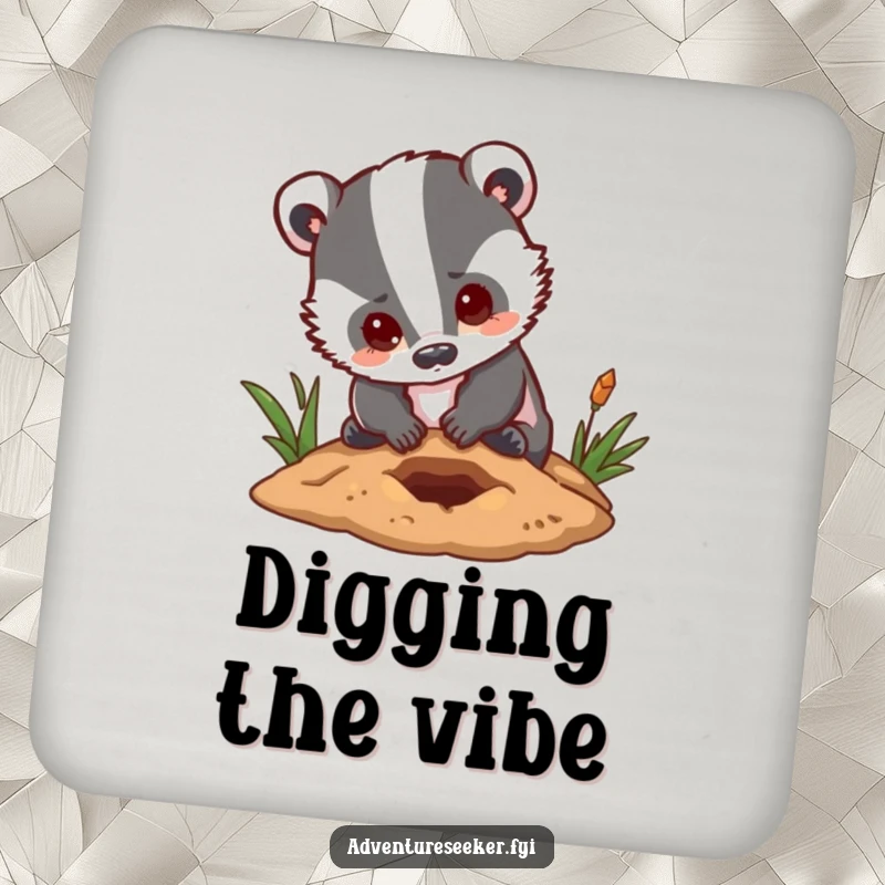 Funny badger coaster set featuring a determined character digging a small hole with a hopeful expression, protecting surfaces with grit.