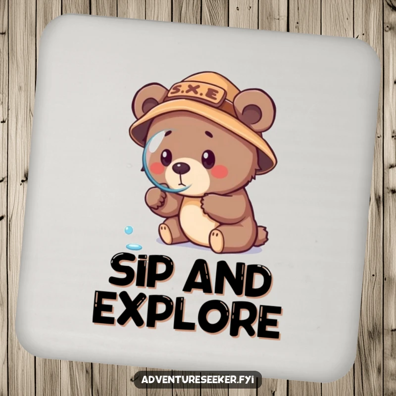 Funny bear cub explorer coaster, featuring a cub with an explorer hat and magnifying glass focused on a dewdrop.