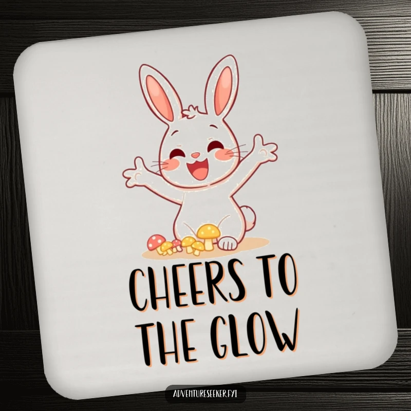 Funny bunny mushroom coaster, featuring a cheerful bunny discovering a cluster of glowing mushrooms with open arms.
