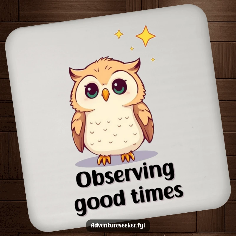 Funny Owl Drink Coaster with a curious owl character gazing at a distant star, a humorous and protective accessory.