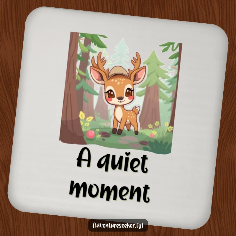 Funny drink coaster with a shy deer scout emerging from a forest, providing gentle protection and a touch of curiosity.