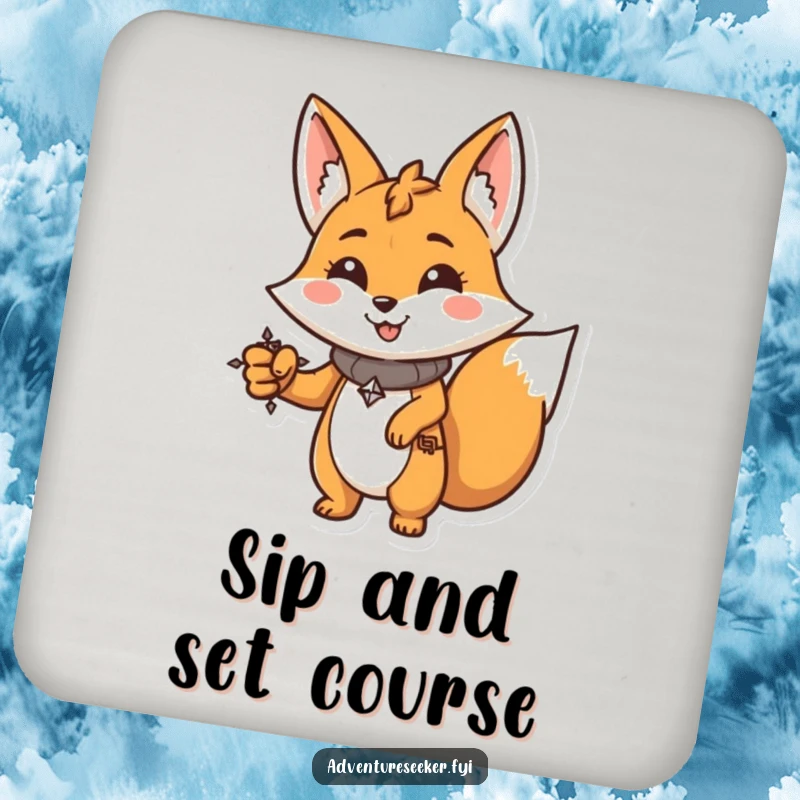 Funny Fox Coaster: Determined character with a compass, pointing forward, a funny addition to any surface.