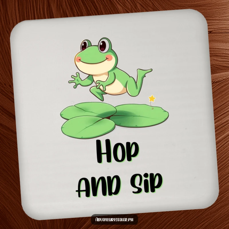 Funny smiling frog character on a drink coaster, leaping across lily pads. A practical funny gift.