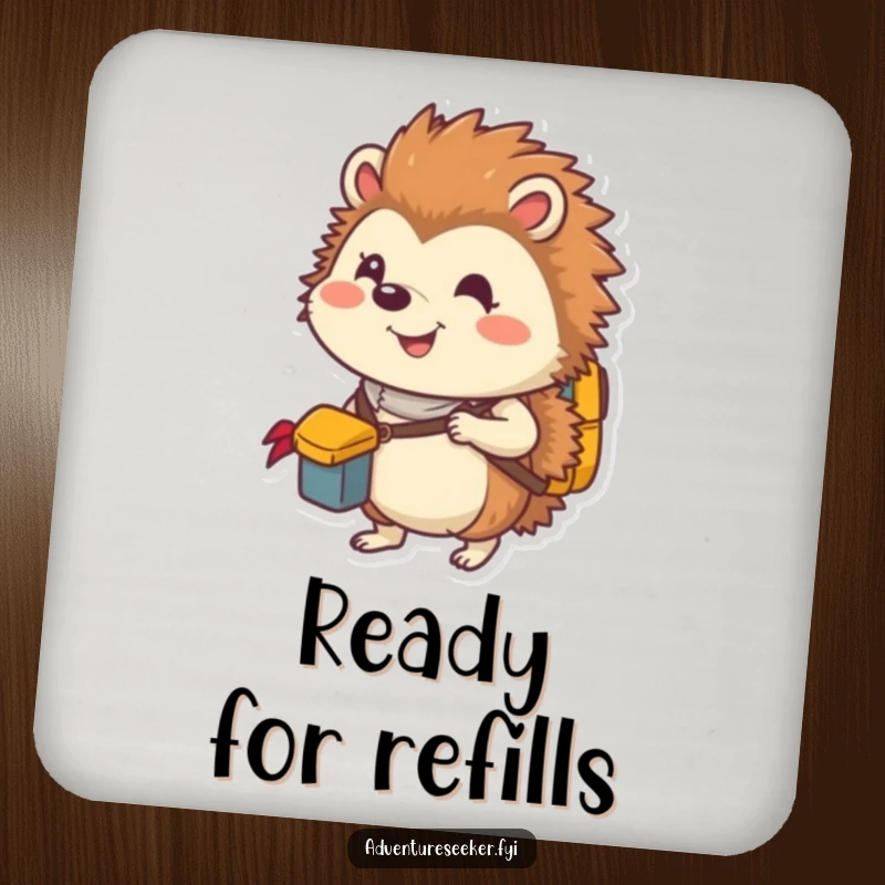 Funny drink coaster with a smiling hedgehog explorer packing a tiny backpack, offering protection and readiness.