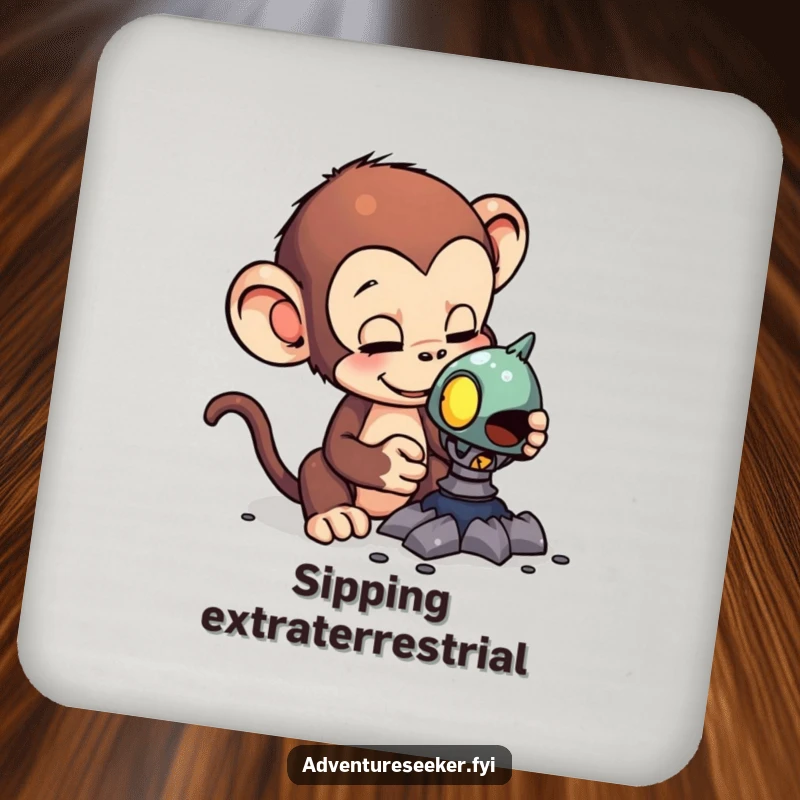 Funny drink coasters featuring a curious monkey examining a strange alien artifact, adding a humorous and intriguing touch to any setting.