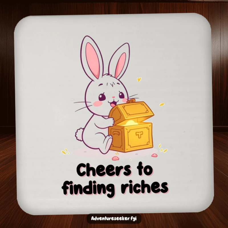 Funny drink coasters featuring a surprised rabbit discovering a glowing treasure chest, adding a humorous and delightful touch to any setting.
