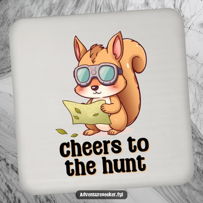 Funny squirrel map coaster, depicting a curious squirrel wearing goggles, studying a map made of leaves.