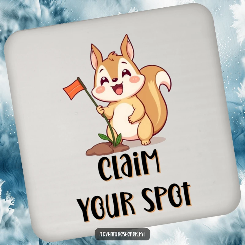 Funny drink coasters featuring an excited squirrel character planting a tiny flag, adding a celebratory touch to tables.