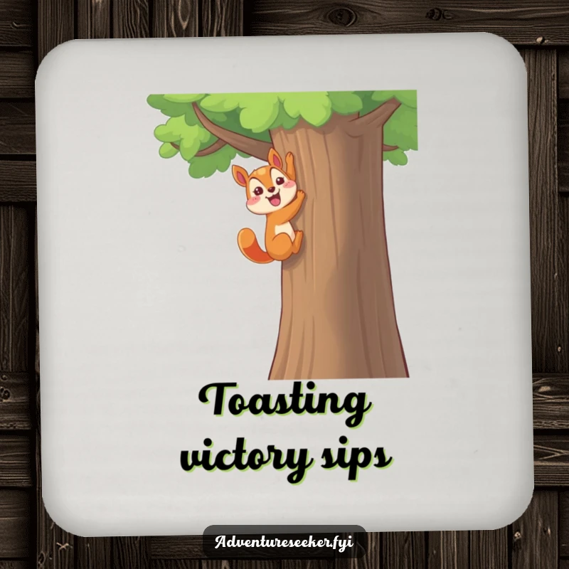 Funny Squirrel Coaster: Happy character triumphantly climbing a tall tree, a funny addition to your drinkware.