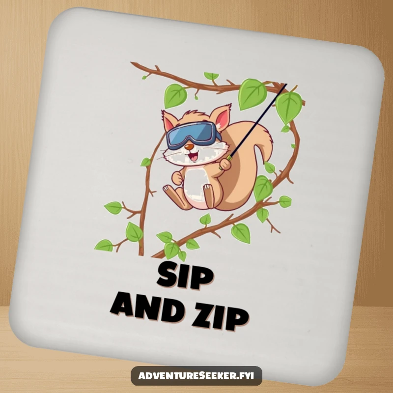 Funny Squirrel Zip Line Coasters. A squirrel zip-lining down vines adorns these coasters, adding a touch of adventurous humor.