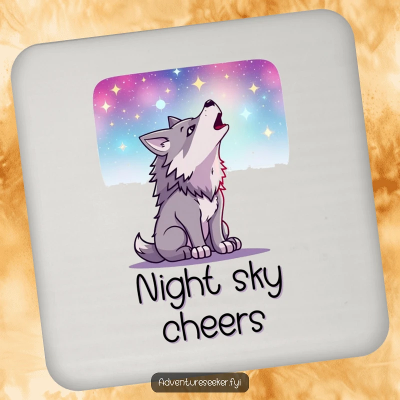 Funny drink coaster featuring a determined wolf howling at a starry night sky, protecting surfaces with a touch of wilderness humor.