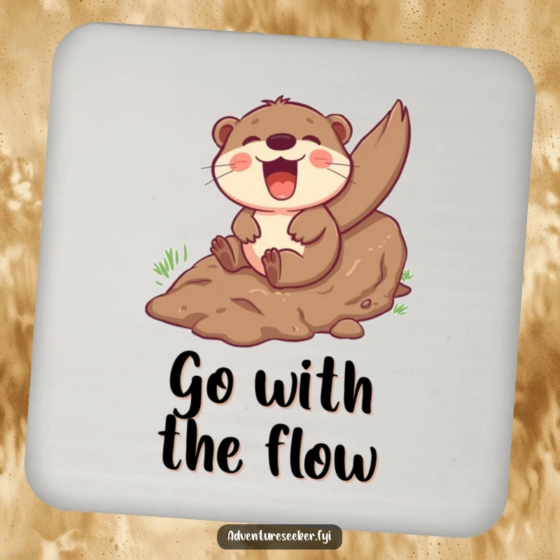 Funny otter coaster set featuring a giggling character gleefully sliding down a muddy hill, protecting surfaces with playful charm.