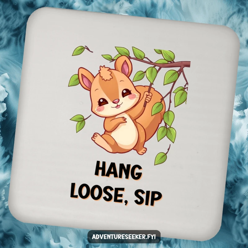 Funny swinging squirrel coasters with a playful character swinging from a vine, protecting surfaces with humor.