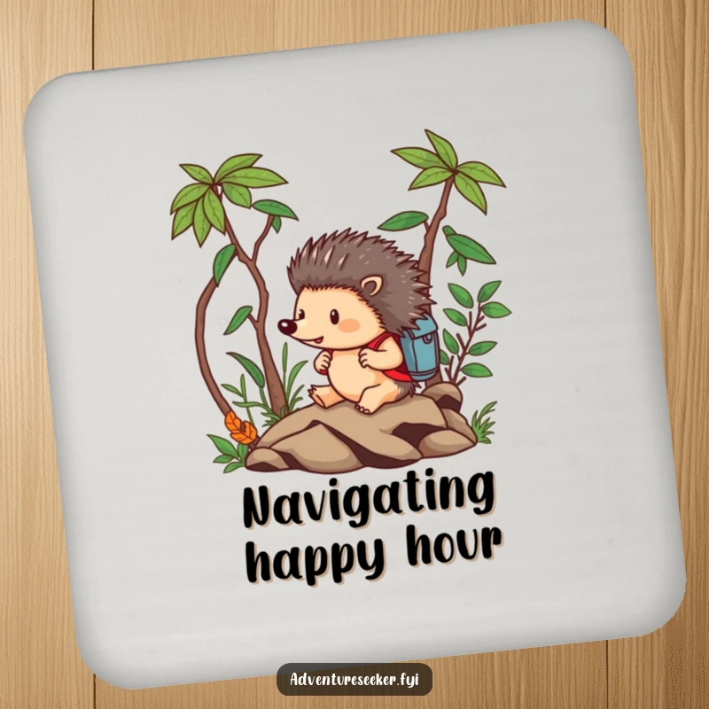 Funny Hedgehog Coaster: Brave hedgehog fearlessly navigating a miniature jungle with a backpack, functional and fun.