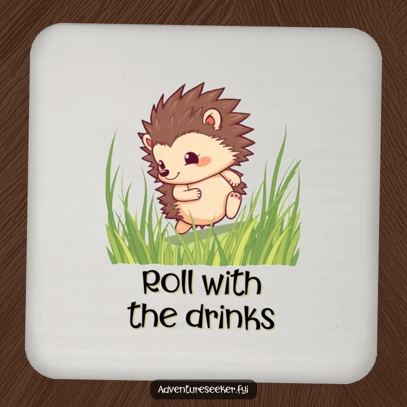 Funny hedgehog coaster set featuring a brave character rolling through tall grass with a determined spirit, protecting surfaces with charm.