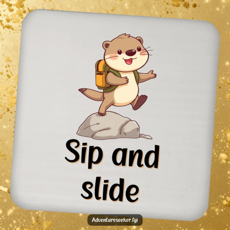 Funny Otter Coaster: Cheerful adventurer otter with a backpack leaping over a rock, guarding drinks with humor and style. A fun accessory.
