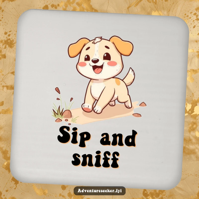 Funny happy dog coasters with an enthusiastic character following a trail, protecting surfaces with humor.