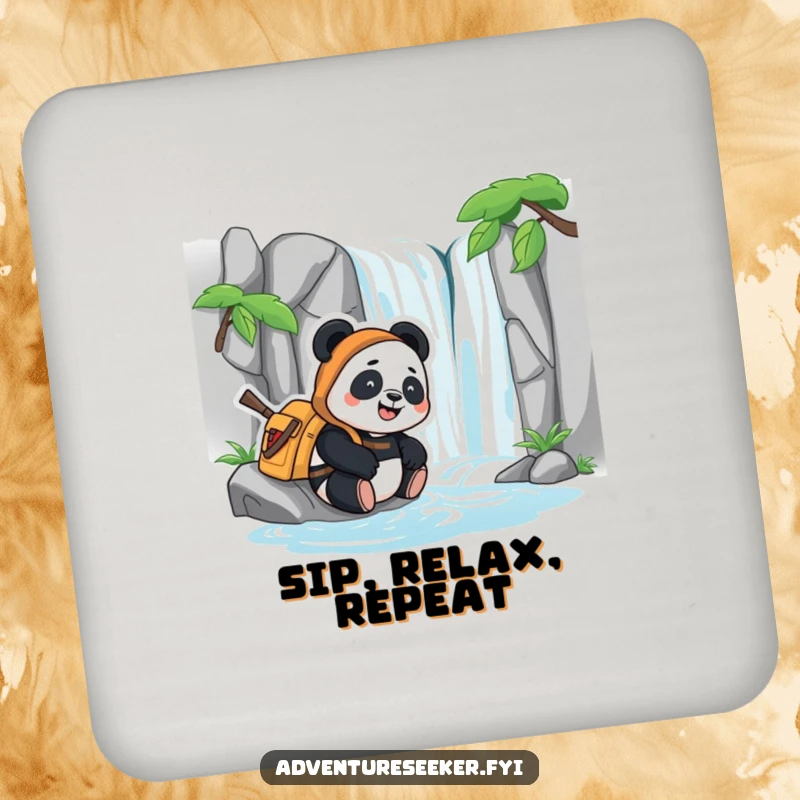 Funny drink coaster featuring a happy panda adventurer resting by a stylized waterfall, offering protection and peaceful decor.