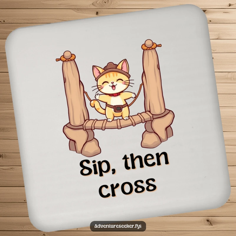 Funny adventurous cat character on a drink coaster, crossing a rope bridge. A practical funny gift.