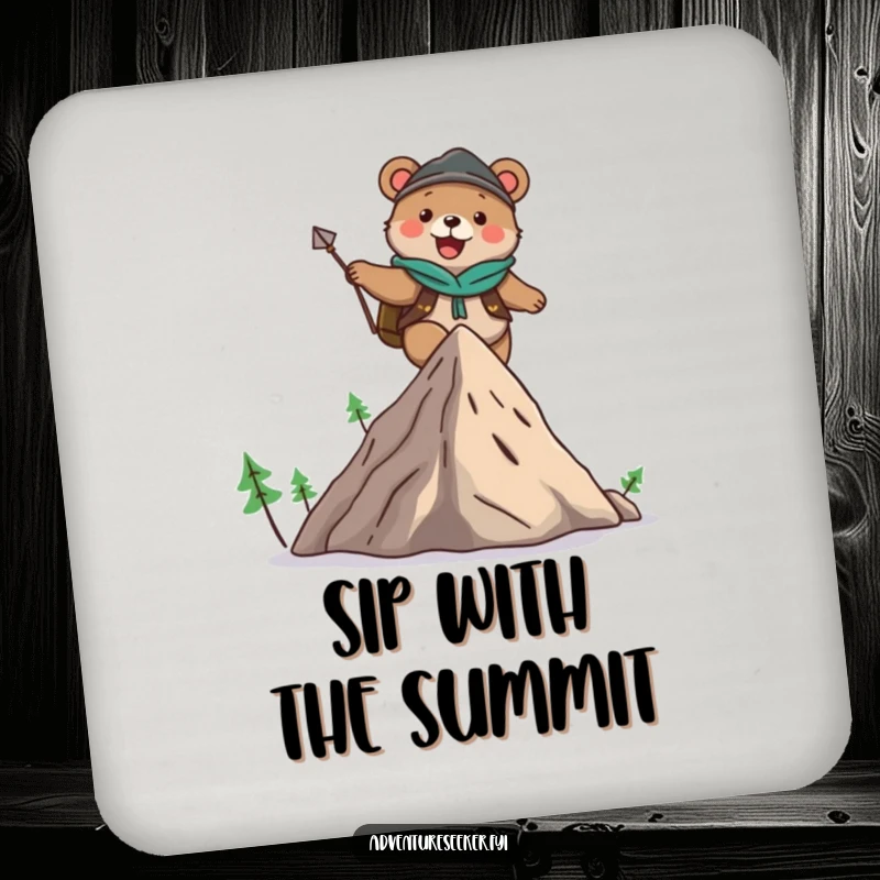 Funny drink coaster featuring a cute bear adventurer character joyfully climbing a mountain, protecting surfaces with a smile.