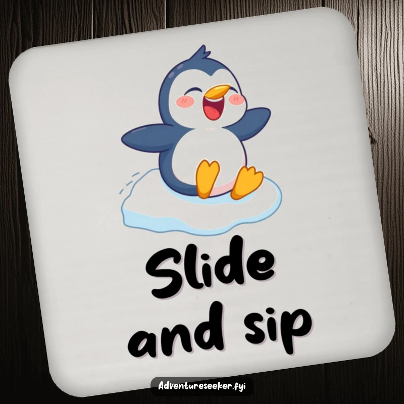 Funny drink coaster depicting a cheerful penguin character mid-slide on ice, protecting surfaces with humor, a charming home accessory.