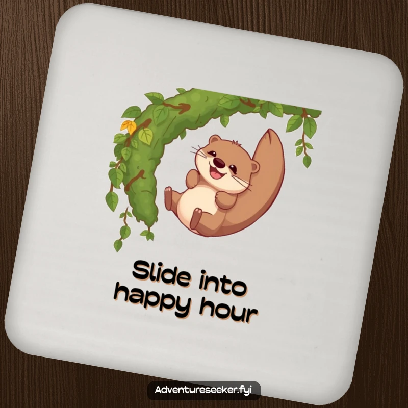 Funny drink coaster showing a giggling otter character sliding down a mossy jungle vine, adding humor to any table setting.
