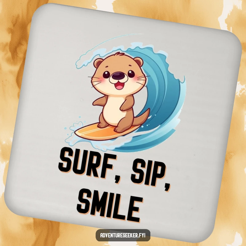 Funny drink coaster featuring a giggling otter character surfing a massive wave, protecting surfaces with aquatic humor and charm.